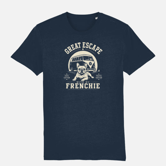 Navy French Bulldog Great Escape T-shirt with cream vintage print