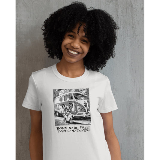French Bulldog Unisex T-shirt (Camper Van) - Colour: Off White