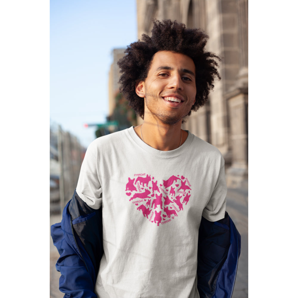 Man in white organic cotton T-shirt featuring a heart-shaped design of French Bulldog silhouettes in pink, perfect for dog lovers