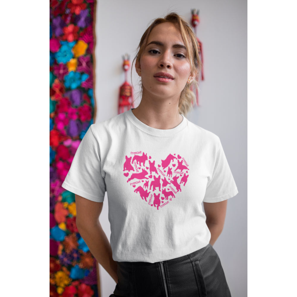 Woman in white organic cotton T-shirt featuring a heart-shaped design of French Bulldog silhouettes in pink, perfect for dog lovers