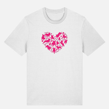 W
hite organic cotton T-shirt featuring a heart-shaped design of French Bulldog silhouettes in pink, perfect for dog lovers