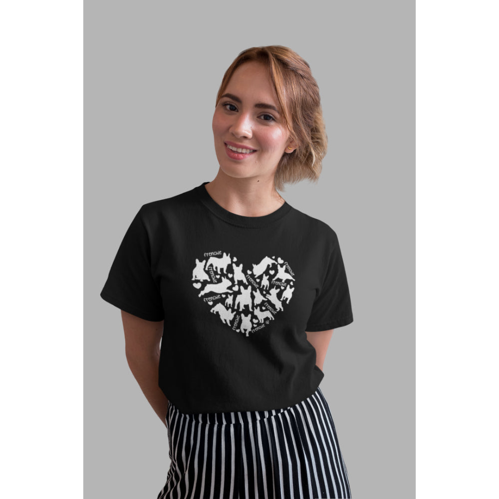 Women in a black organic cotton T-shirt featuring a heart-shaped design of French Bulldog silhouettes in white, perfect for dog lovers