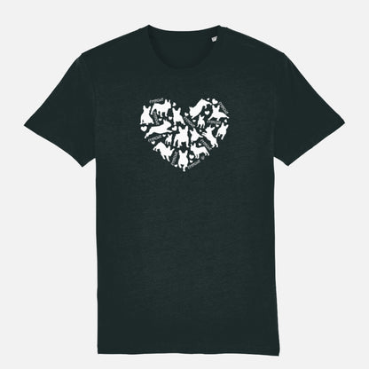 Black organic cotton T-shirt featuring a heart-shaped design of French Bulldog silhouettes in white, perfect for dog lovers