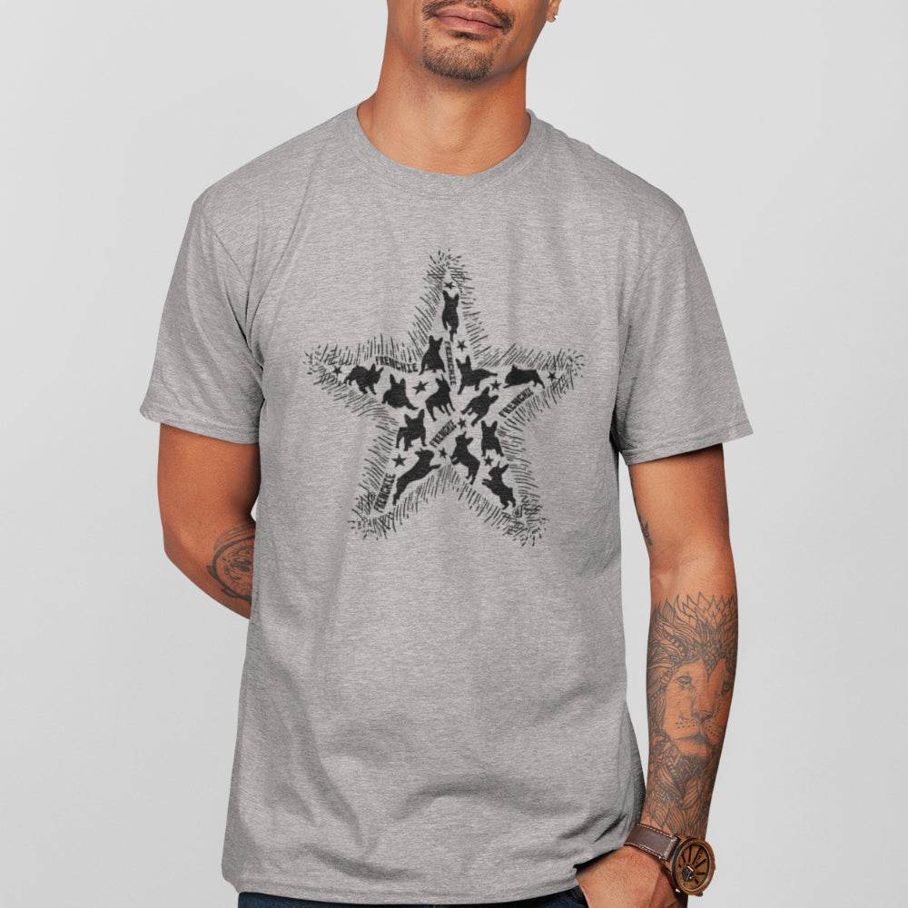 Man in a heather grey organic cotton T-shirt featuring a large black star graphic filled with dog silhouettes and surrounded by sketchy fur-like edges