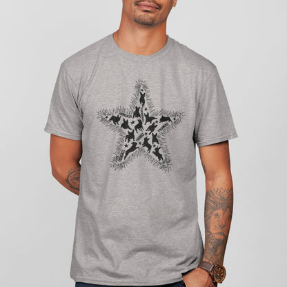 Man in a heather grey organic cotton T-shirt featuring a large black star graphic filled with dog silhouettes and surrounded by sketchy fur-like edges
