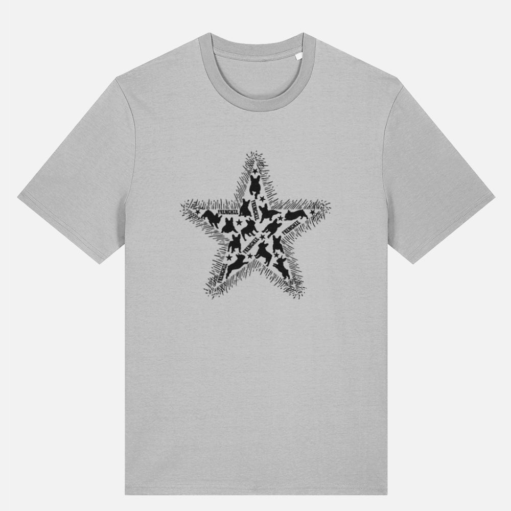  Heather grey organic cotton T-shirt featuring a large black star graphic filled with dog silhouettes and surrounded by sketchy fur-like edges