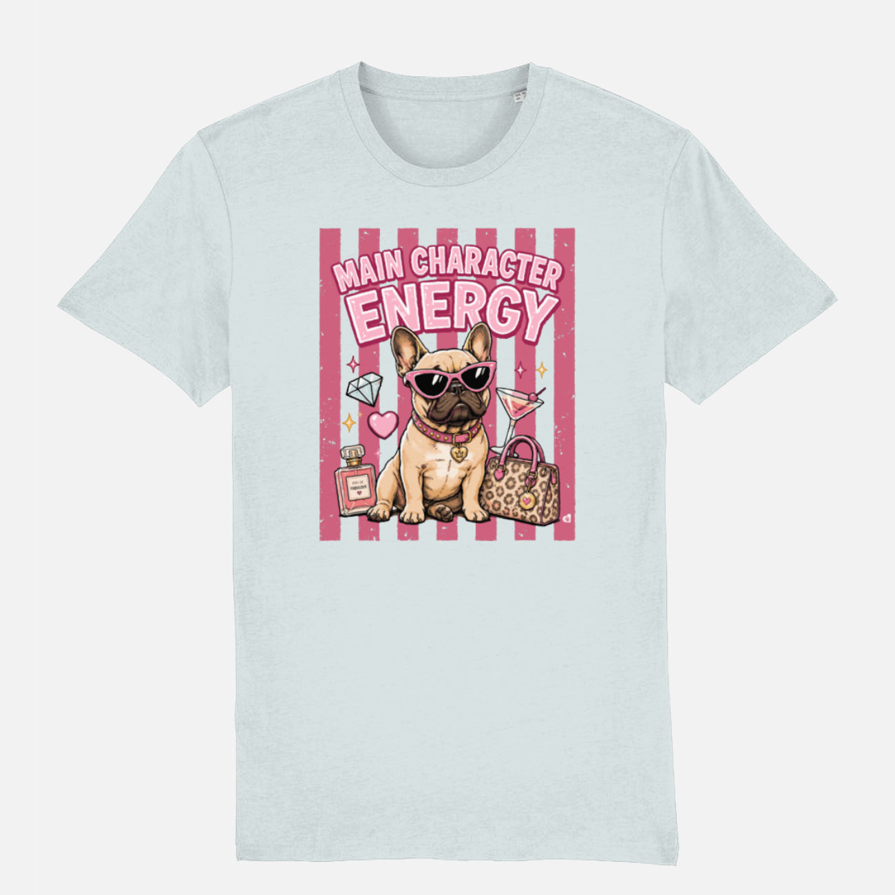 A light blue crewneck t-shirt featuring a graphic print of a French Bulldog wearing sunglasses, next to a pink striped background with the text 'MAIN CHARACTER ENERGY'.