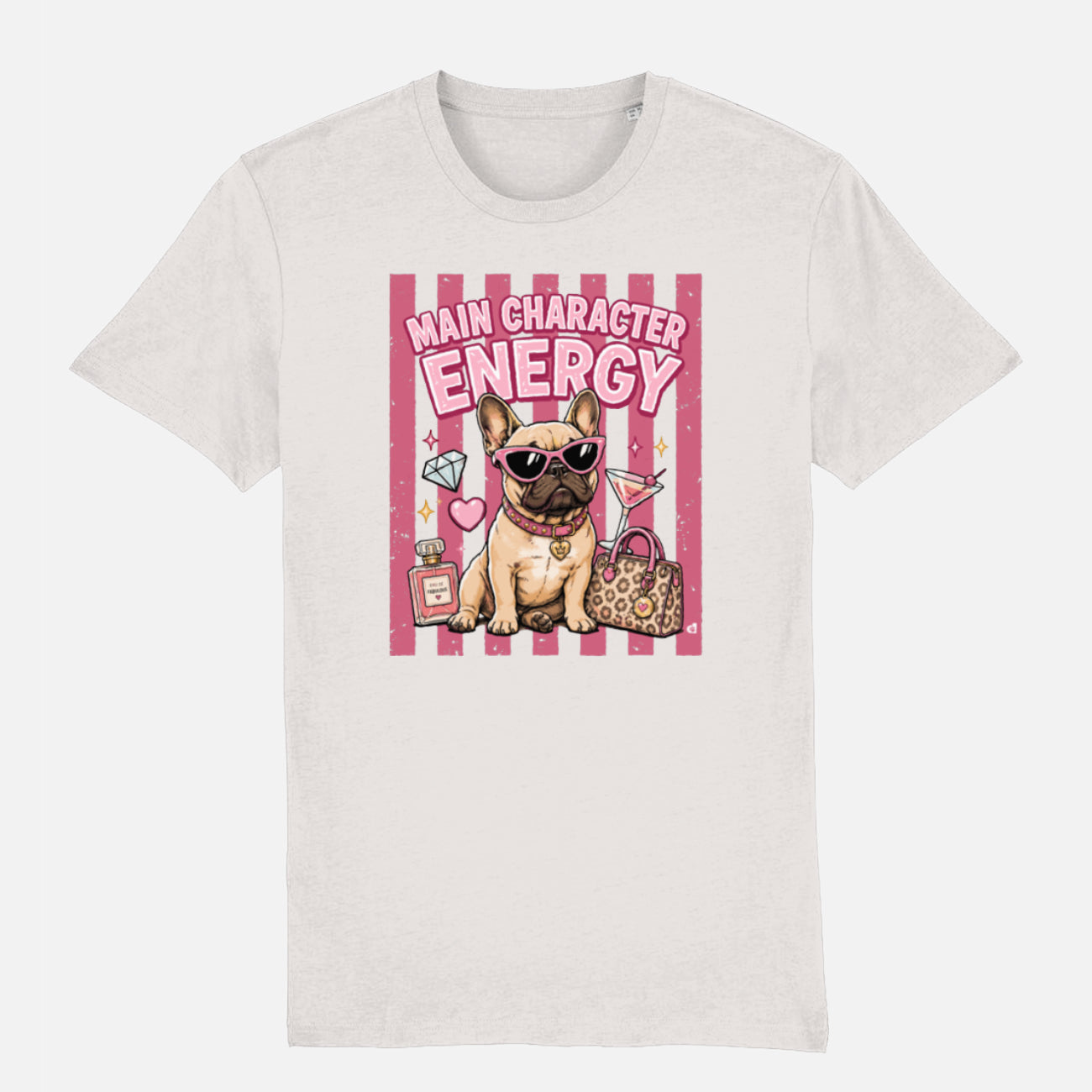 An off-white crewneck t-shirt featuring a colourful graphic print of a French Bulldog wearing sunglasses, next to a pink striped background with the text 'MAIN CHARACTER ENERGY' and accessories.