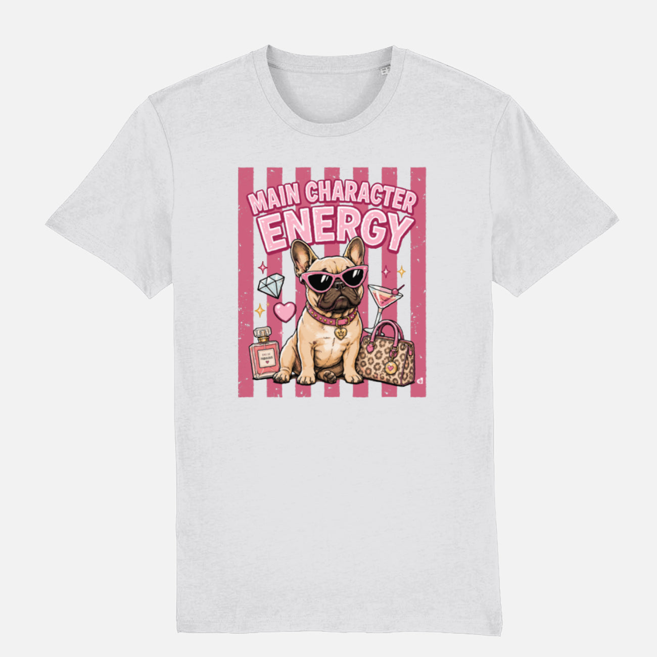 A white crewneck t-shirt featuring a colorful graphic print of a French Bulldog wearing sunglasses, next to a pink striped background with the text 'MAIN CHARACTER ENERGY'.