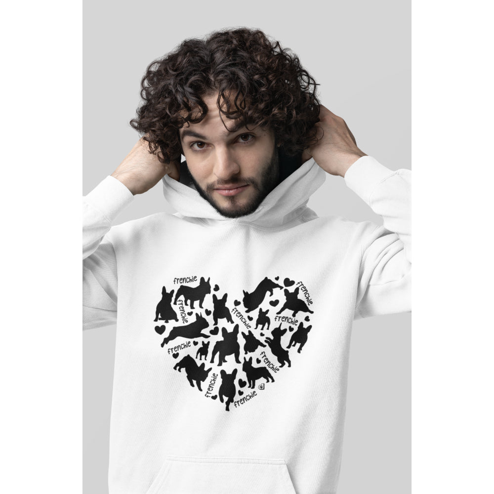 A man in a white hoodie featuring a heart-shaped design filled with black French Bulldog silhouettes and the word 'Frenchie' repeated throughout.