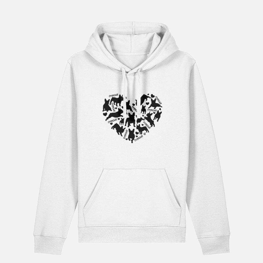 White hoodie featuring a heart-shaped design filled with black French Bulldog silhouettes and the word 'Frenchie' repeated throughout.