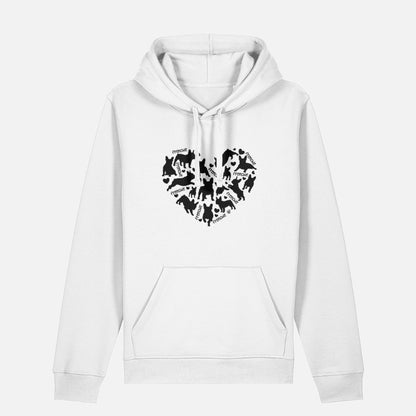 White hoodie featuring a heart-shaped design filled with black French Bulldog silhouettes and the word 'Frenchie' repeated throughout.