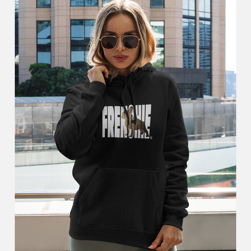 Women in black 'Frenchie' hoodie featuring a bold brown French Bulldog silhouette framed by white oversized text, perfect for Frenchie lovers.