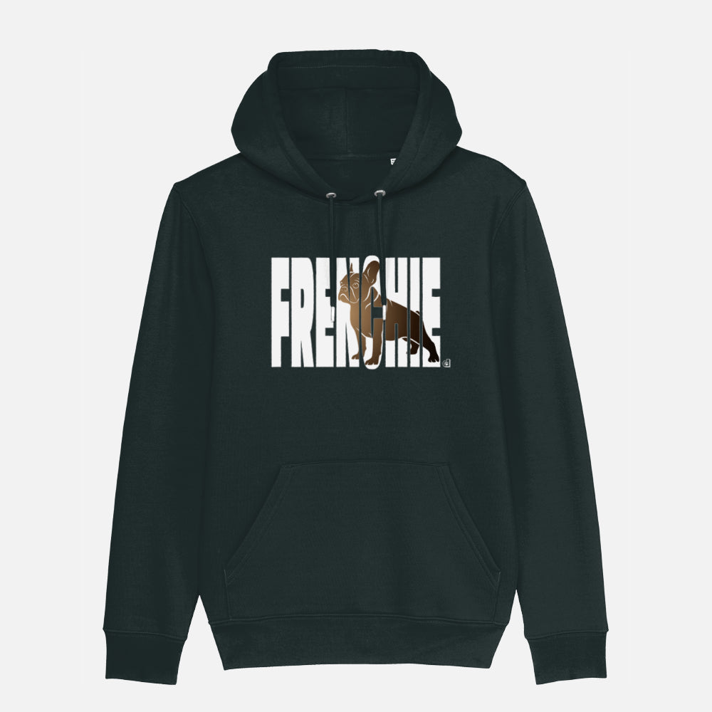 Black 'Frenchie' hoodie featuring a bold brown French Bulldog silhouette framed by white oversized text, perfect for Frenchie lovers.