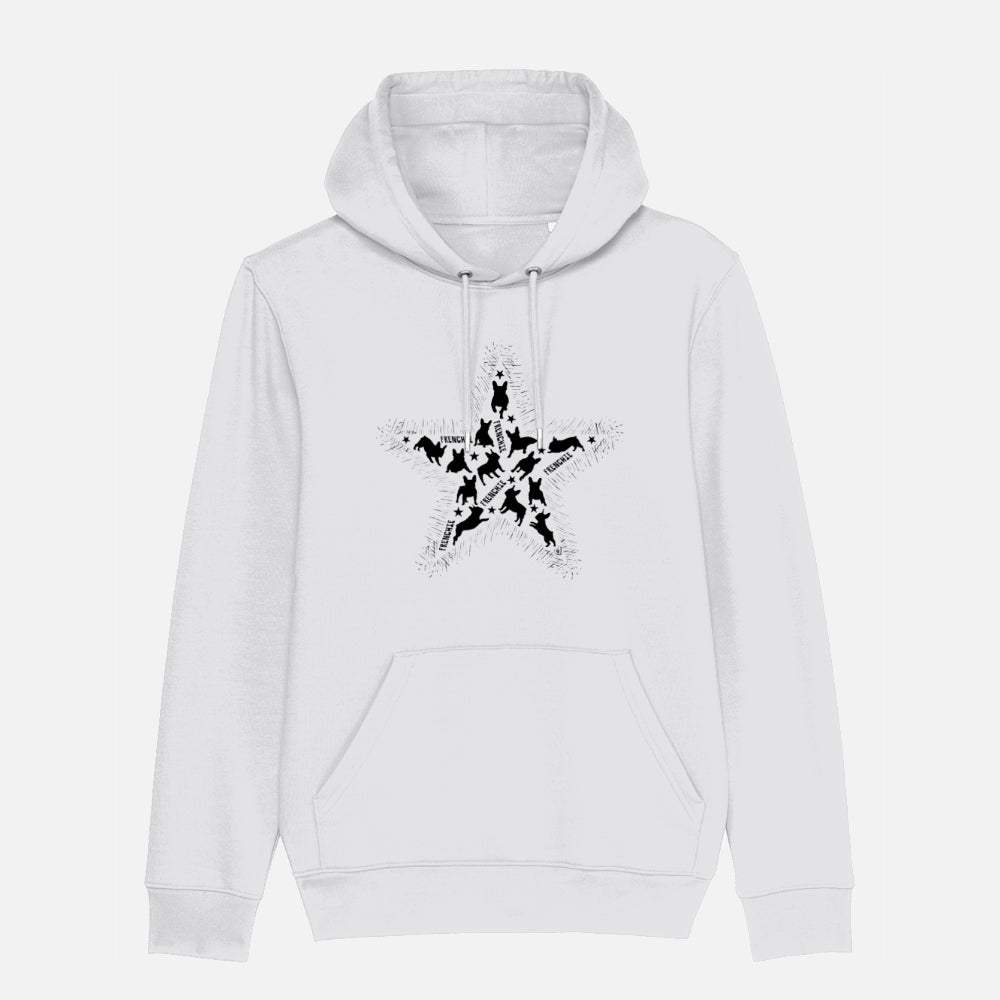 White 'Frenchie Star' hoodie featuring a bold star design filled with black French Bulldog silhouettes, perfect for Frenchie lovers.