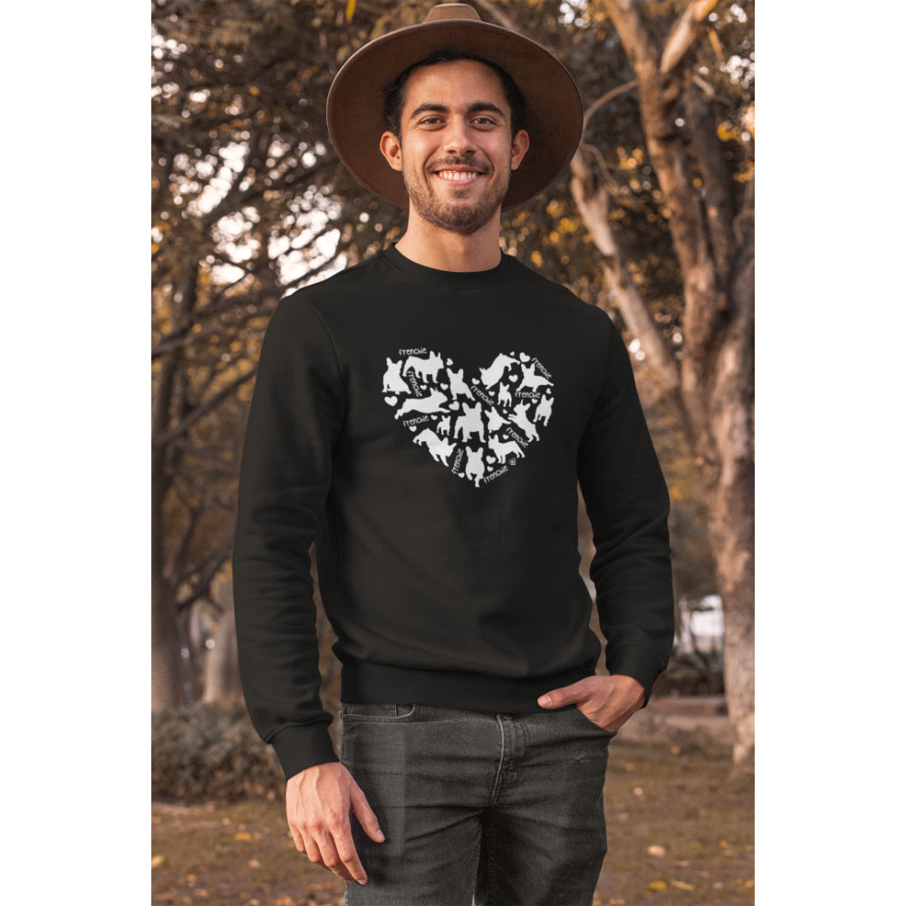 A men in a black 85% organic cotton sweatshirt featuring a heart-shaped design of French Bulldog silhouettes in white, perfect for dog lovers