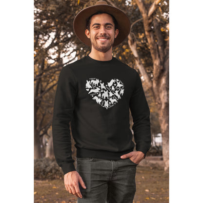 A men in a black 85% organic cotton sweatshirt featuring a heart-shaped design of French Bulldog silhouettes in white, perfect for dog lovers