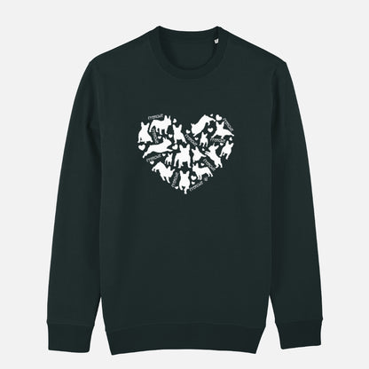 A black 85% organic cotton sweatshirt featuring a heart-shaped design of French Bulldog silhouettes in white, perfect for dog lovers