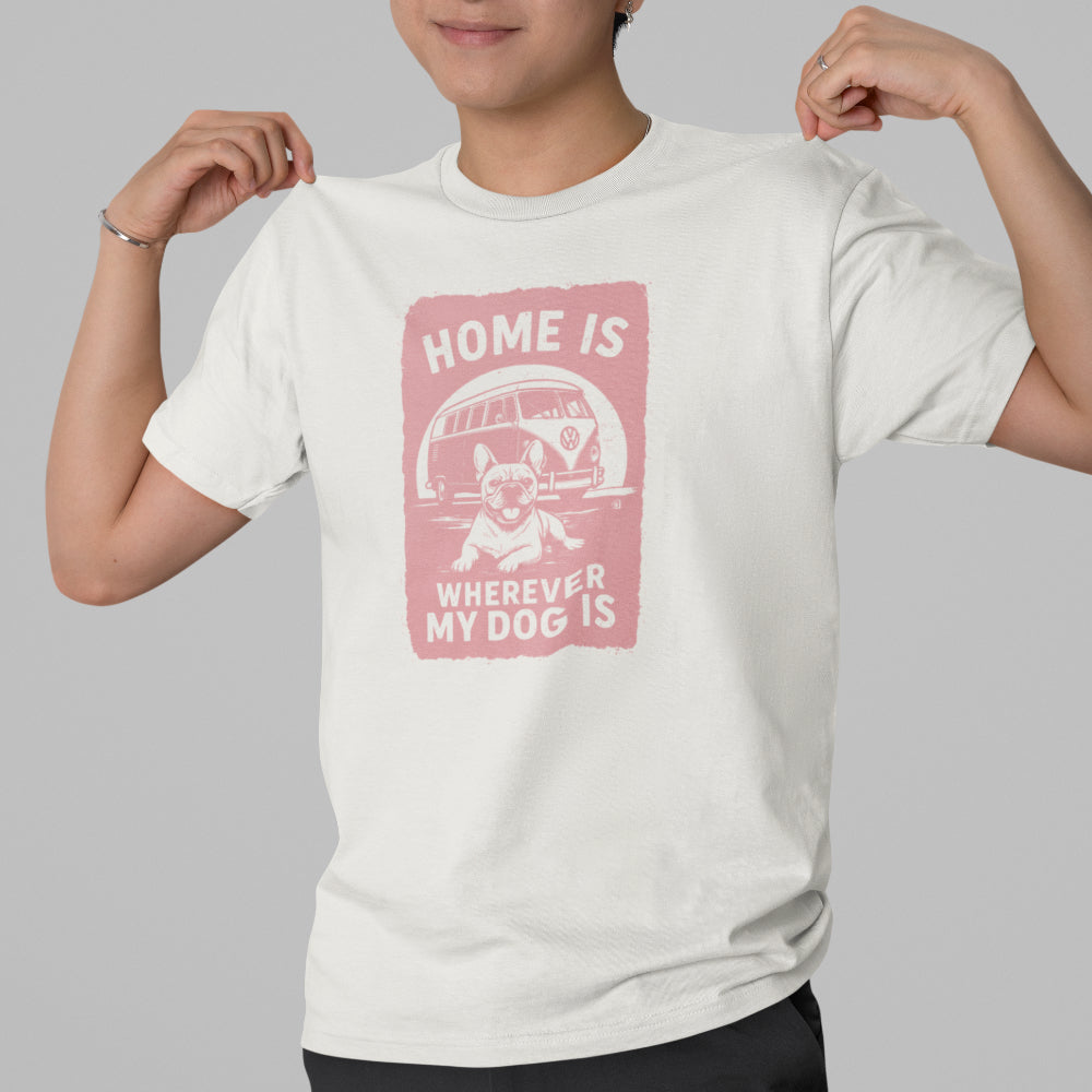 Men in an off-white T-shirt with pastel pink camper-van and dog illustration and the text ‘Home Is Wherever My Dog Is.’