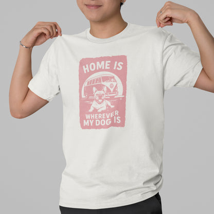Men in an off-white T-shirt with pastel pink camper-van and dog illustration and the text ‘Home Is Wherever My Dog Is.’