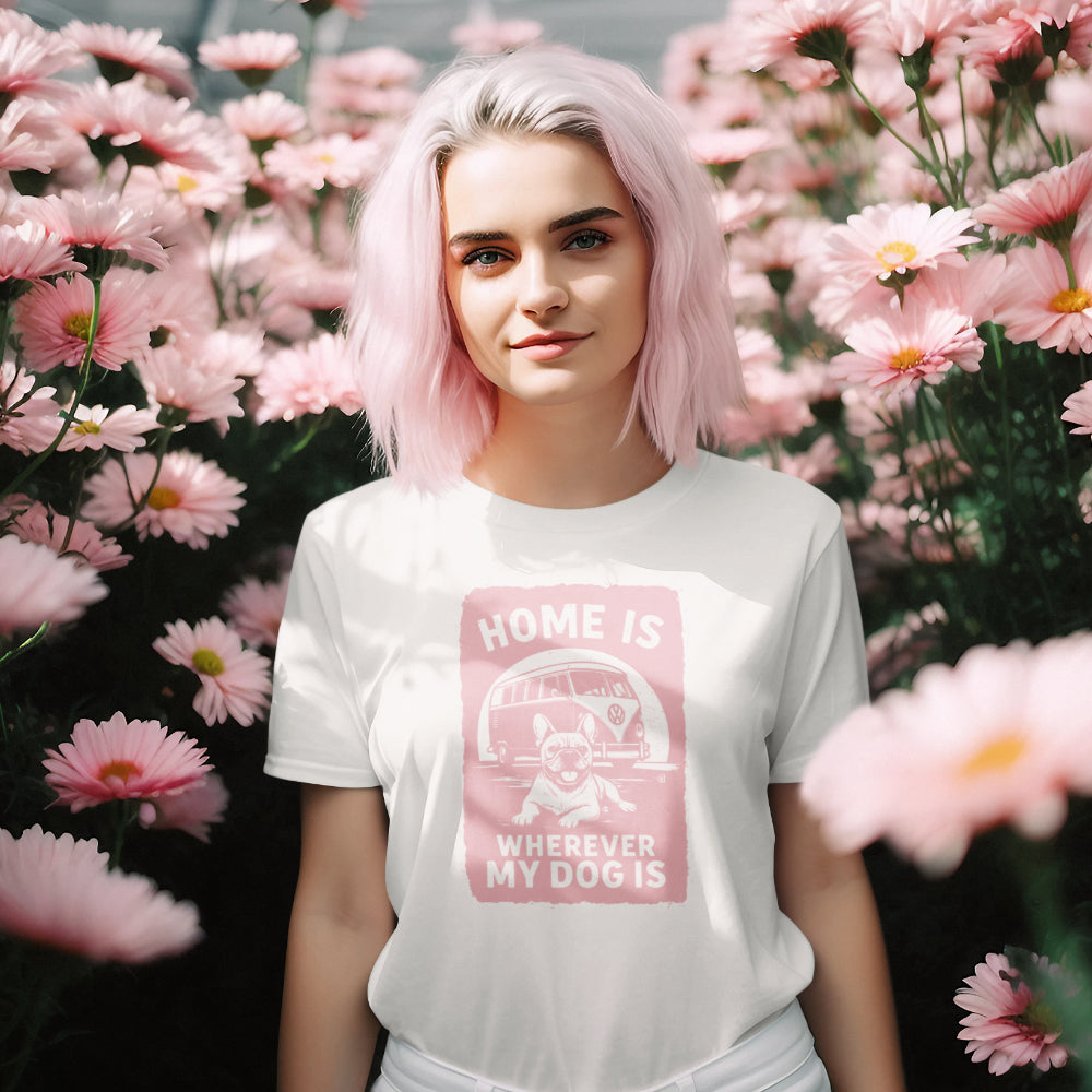 Women in an off-white T-shirt with pastel pink camper-van and dog illustration and the text ‘Home Is Wherever My Dog Is.’