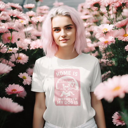 Women in an off-white T-shirt with pastel pink camper-van and dog illustration and the text ‘Home Is Wherever My Dog Is.’