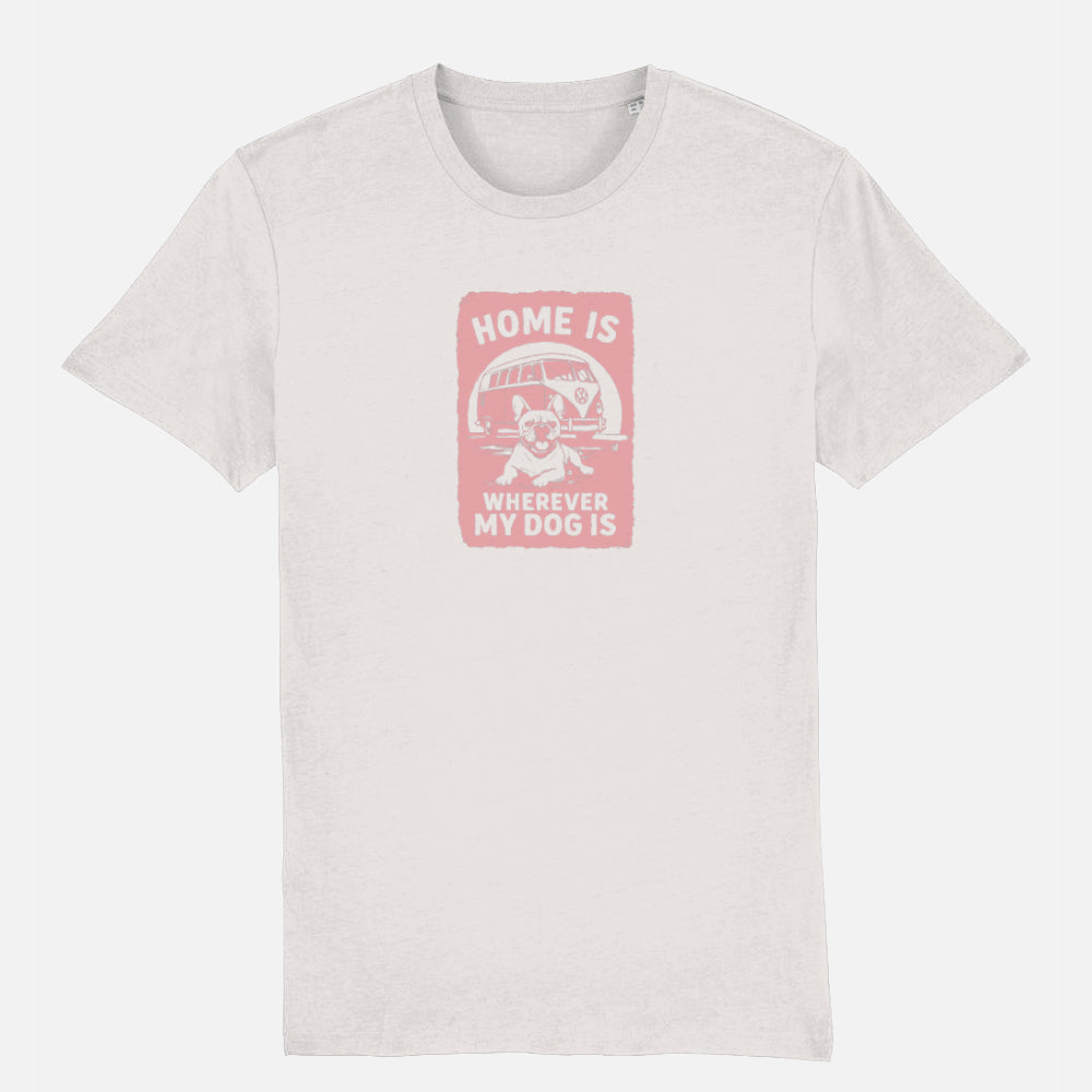 Off-white T-shirt with pastel pink camper-van and dog illustration and the text ‘Home Is Wherever My Dog Is.’