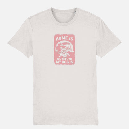Off-white T-shirt with pastel pink camper-van and dog illustration and the text ‘Home Is Wherever My Dog Is.’