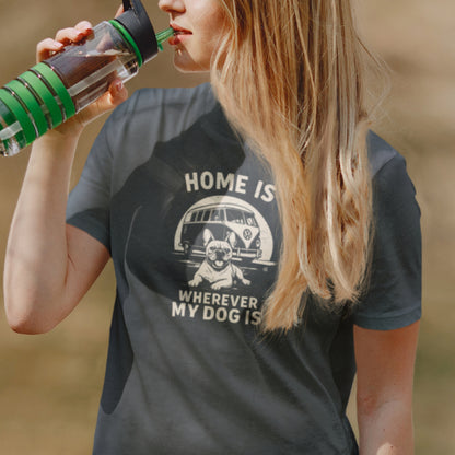 Women in an anthracite T-shirt with retro camper-van and dog illustration and the text ‘Home Is Wherever My Dog Is.’