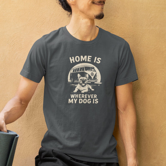 Men in an anthracite T-shirt with retro camper-van and dog illustration and the text ‘Home Is Wherever My Dog Is.’