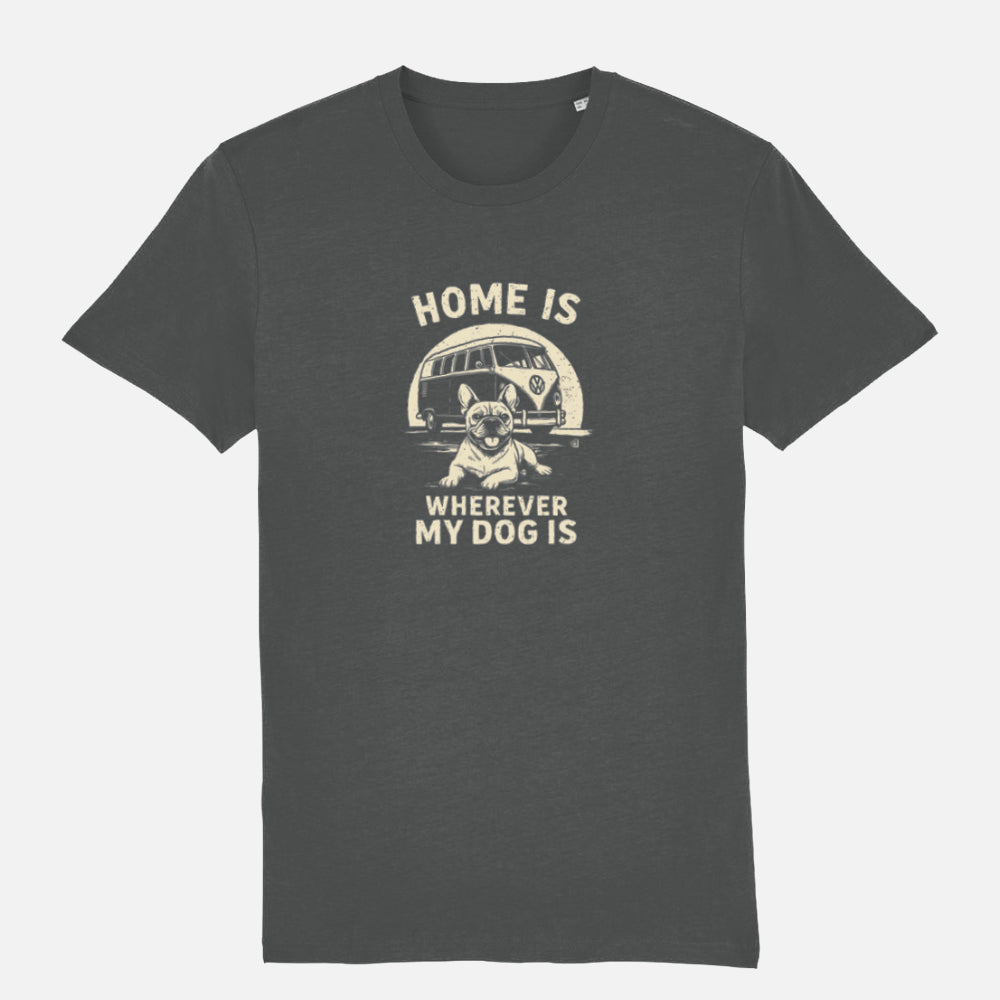 Anthracite T-shirt with retro camper-van and dog illustration and the text ‘Home Is Wherever My Dog Is.’