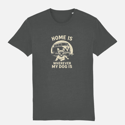 Anthracite T-shirt with retro camper-van and dog illustration and the text ‘Home Is Wherever My Dog Is.’