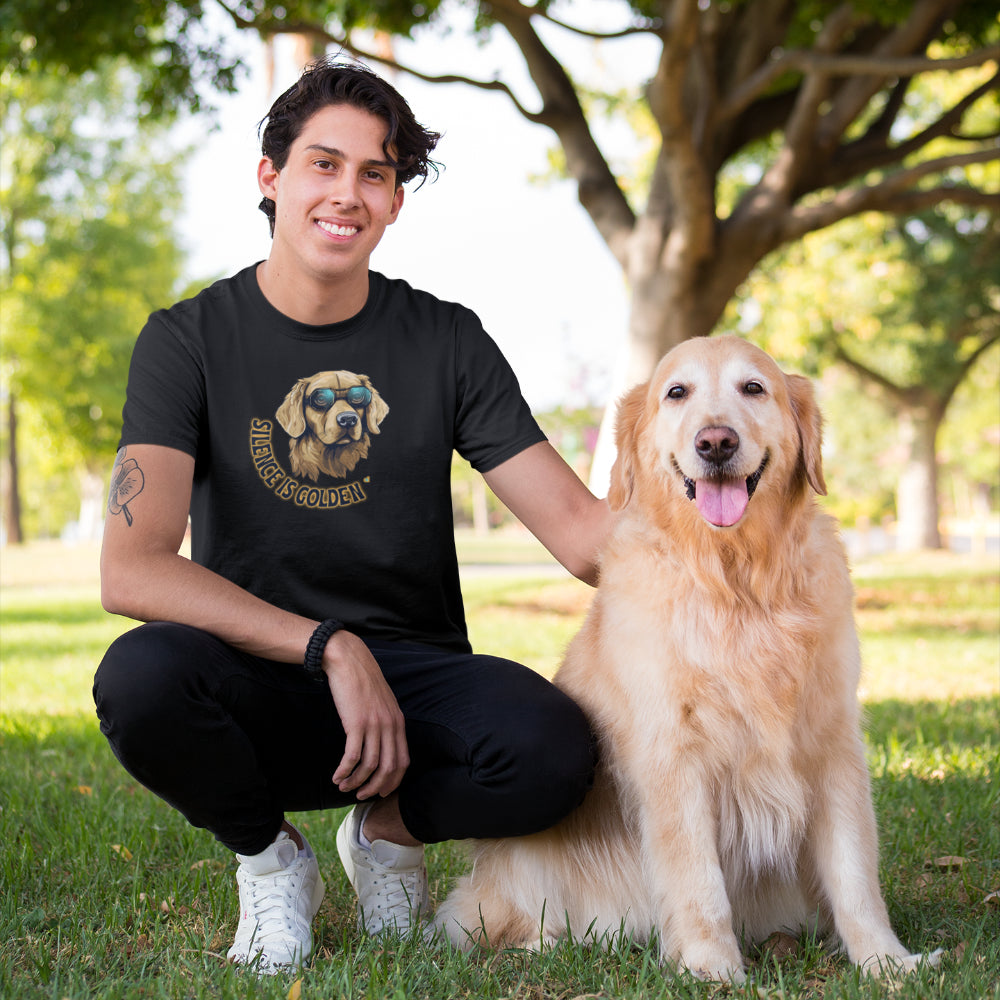 Man in black T-shirt featuring a Golden Retriever with sunglasses and the text 'Silence is Golden,' showcasing a cool, laid-back design for dog lovers.