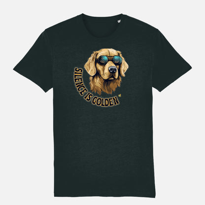 Black T-shirt featuring a Golden Retriever with sunglasses and the text 'Silence is Golden,' showcasing a cool, laid-back design for dog lovers.