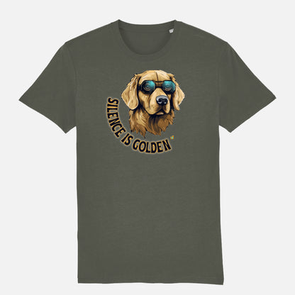 A khaki T-shirt featuring a golden retriever with sunglasses and the text 'Silence is Golden' showcases a cool, laid-back design for dog lovers.