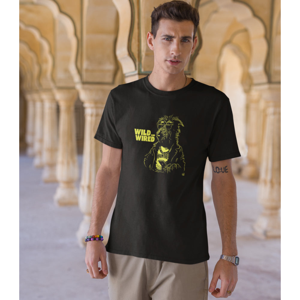 Men in black T-shirt with punk-style Irish Wolfhound illustration and “Wild and Wired” text, ideal for bold dog lovers and modern rebels.