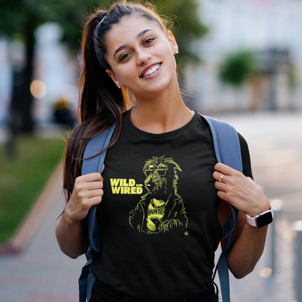 Women in black T-shirt with punk-style Irish Wolfhound illustration and “Wild and Wired” text, ideal for bold dog lovers and modern rebels.