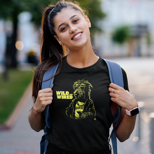 Women in black T-shirt with punk-style Irish Wolfhound illustration and “Wild and Wired” text, ideal for bold dog lovers and modern rebels.