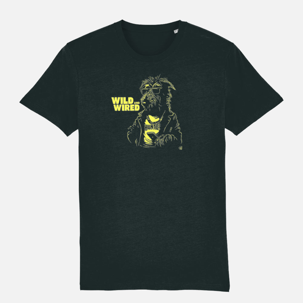 Black T-shirt with punk-style Irish Wolfhound illustration and “Wild and Wired” text, ideal for bold dog lovers and modern rebels.