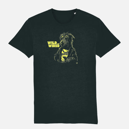 Black T-shirt with punk-style Irish Wolfhound illustration and “Wild and Wired” text, ideal for bold dog lovers and modern rebels.