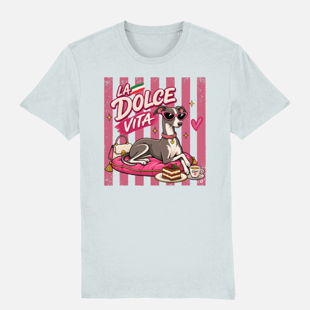 La Dolce Vita Italian Greyhound T-shirt design with pink retro stripes, sunglasses, tiramisu, espresso and handbag on a blue ice t-shirt
