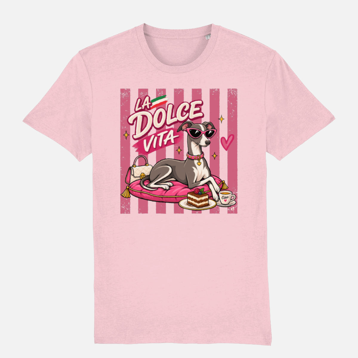 La Dolce Vita Italian Greyhound T-shirt design with pink retro stripes, sunglasses, tiramisu, espresso and handbag on a cotton pink t-shirt