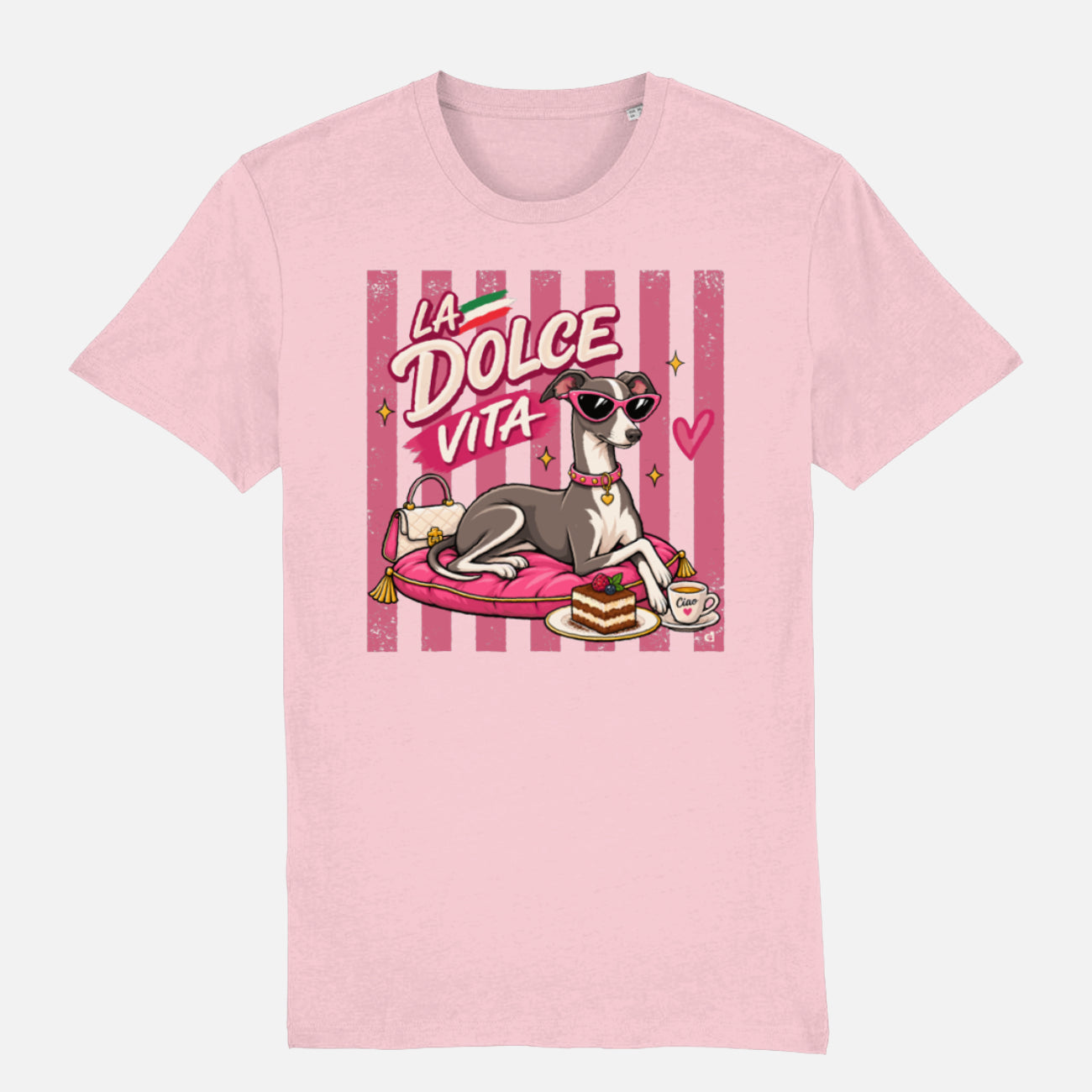 La Dolce Vita Italian Greyhound T-shirt design with pink retro stripes, sunglasses, tiramisu, espresso and handbag on a cotton pink t-shirt