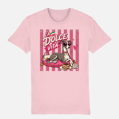La Dolce Vita Italian Greyhound T-shirt design with pink retro stripes, sunglasses, tiramisu, espresso and handbag on a cotton pink t-shirt