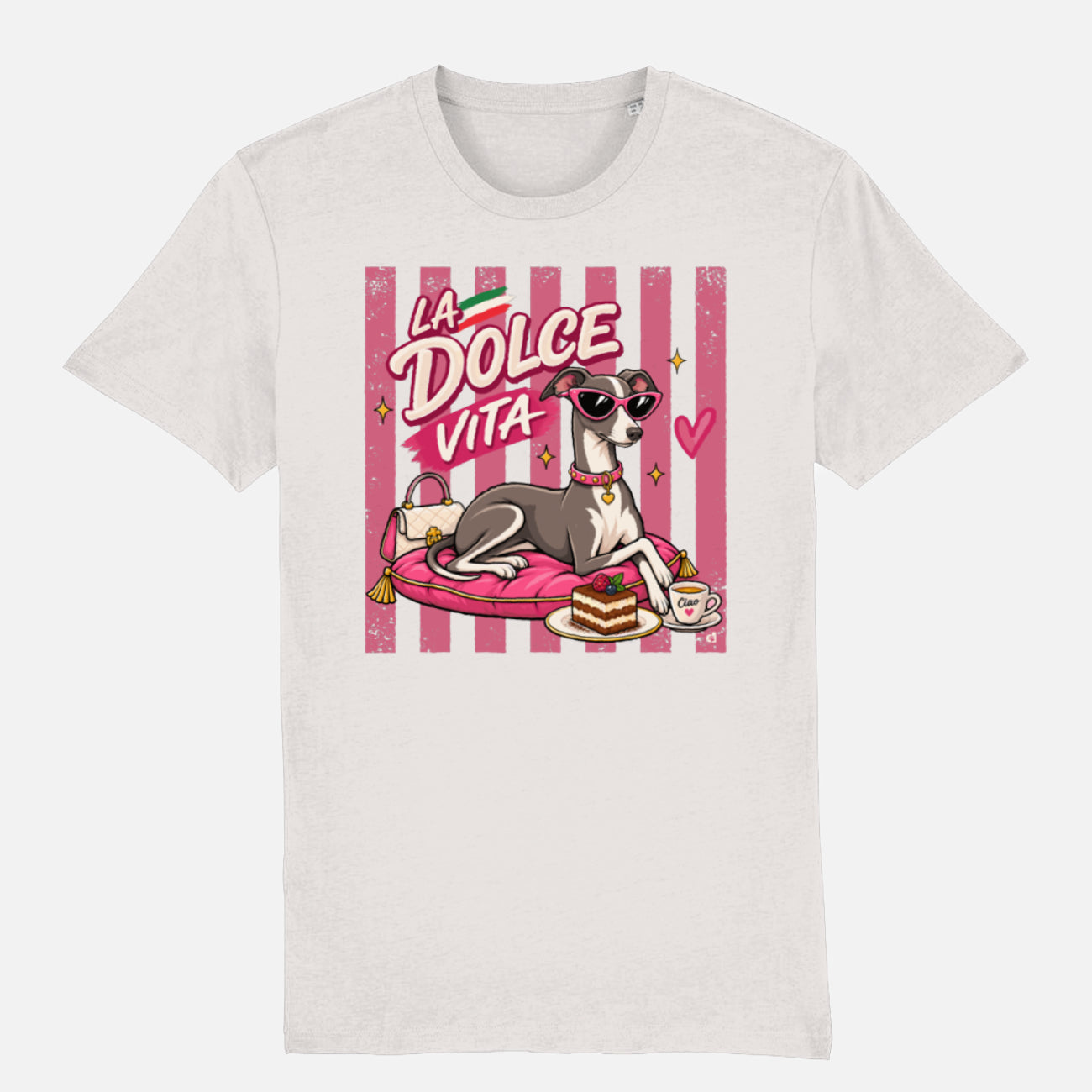 La Dolce Vita Italian Greyhound T-shirt design with pink retro stripes, sunglasses, tiramisu, espresso and handbag on an off white t-shirt