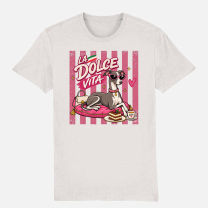 La Dolce Vita Italian Greyhound T-shirt design with pink retro stripes, sunglasses, tiramisu, espresso and handbag on an off white t-shirt