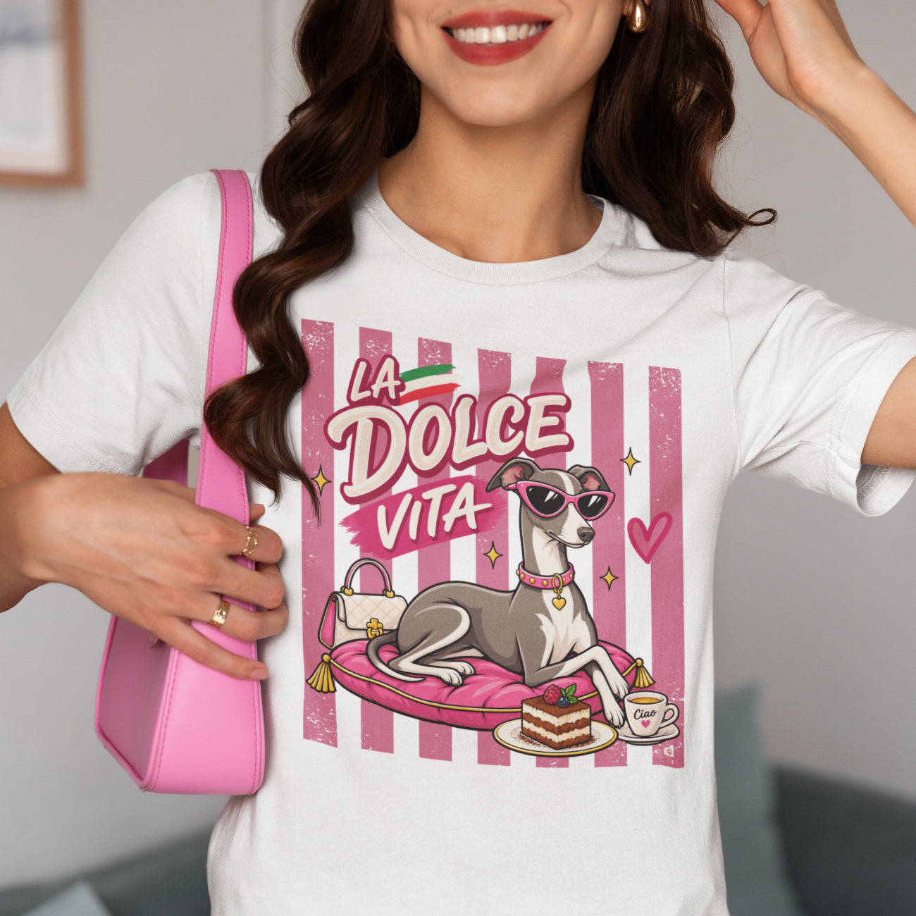 La Dolce Vita Italian Greyhound T-shirt design with pink retro stripes, sunglasses, tiramisu, espresso and handbag on a white t-shirt that wearing a woman.