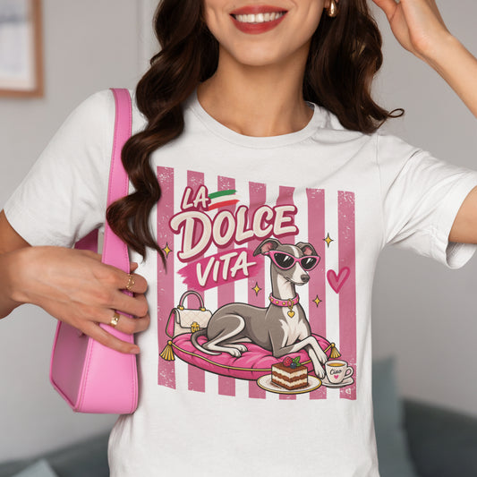 La Dolce Vita Italian Greyhound T-shirt design with pink retro stripes, sunglasses, tiramisu, espresso and handbag on a white t-shirt that wearing a woman.