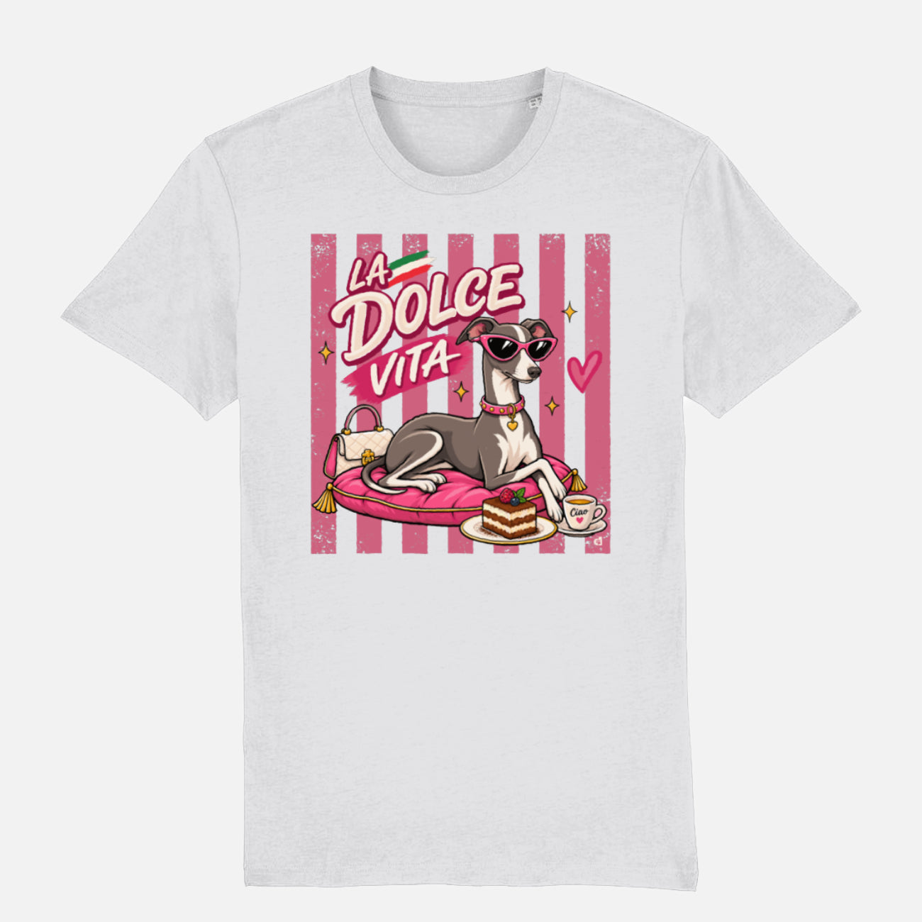 La Dolce Vita Italian Greyhound T-shirt design with pink retro stripes, sunglasses, tiramisu, espresso and handbag on a white t-shirt