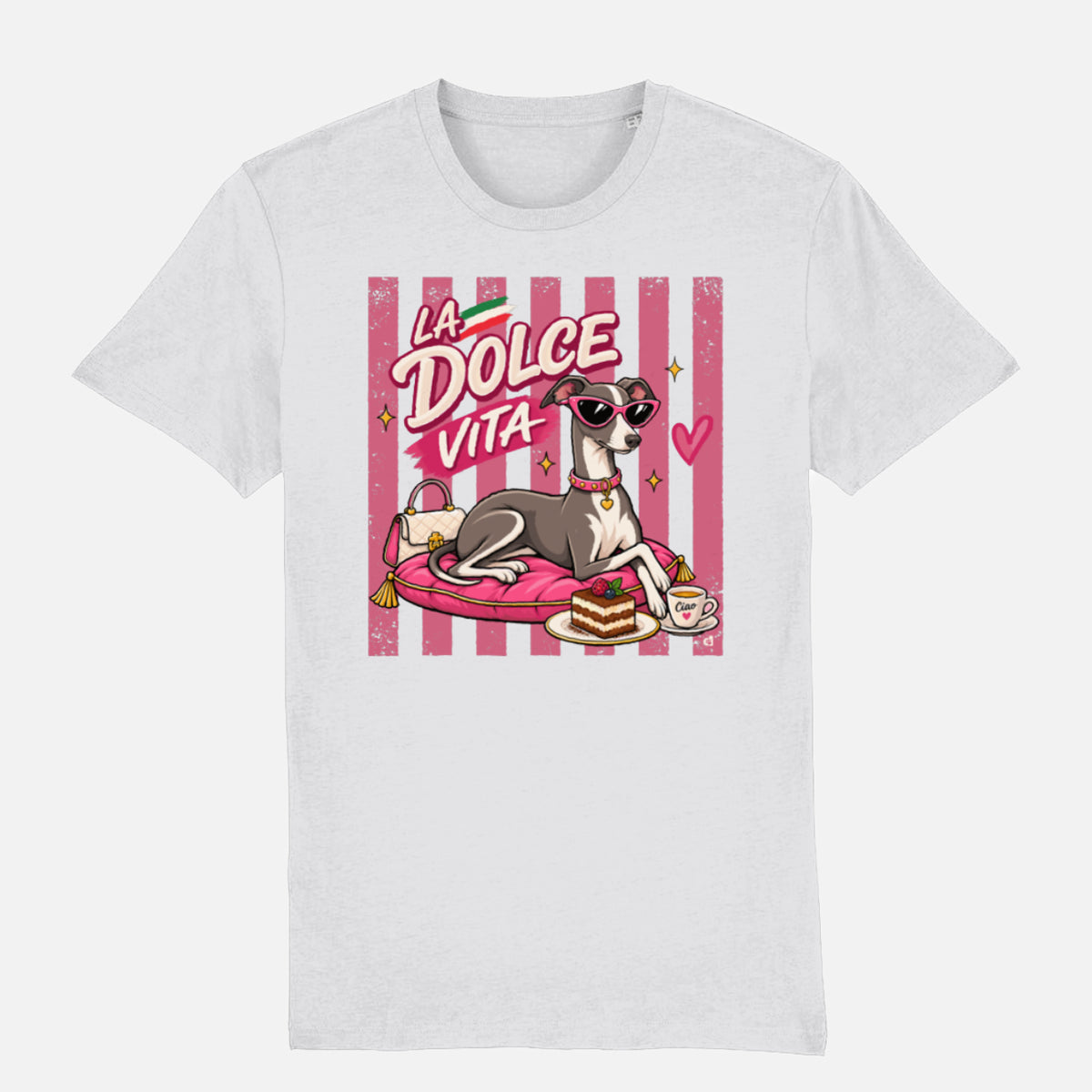La Dolce Vita Italian Greyhound T-shirt design with pink retro stripes, sunglasses, tiramisu, espresso and handbag on a white t-shirt